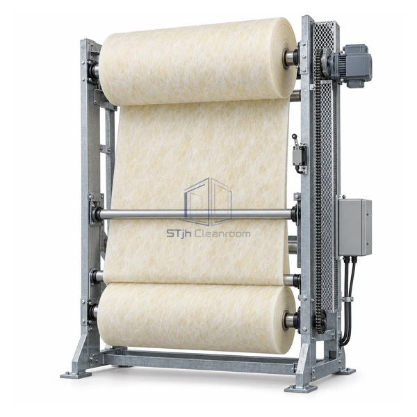 STJH-AUTOMATIC-ROLL-AIR-FILTER-GLASS65 automatic roll filter with pale fiberglass media on a white background