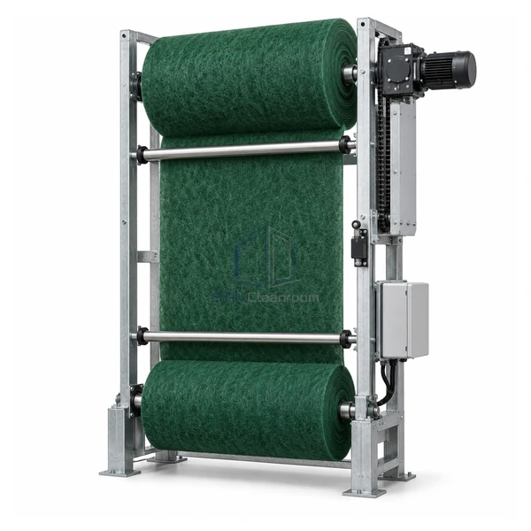 STJH-AUTOMATIC-ROLL-AIR-FILTER-SYNTHETIC45 automatic roll filter with thick green synthetic media on a white background
