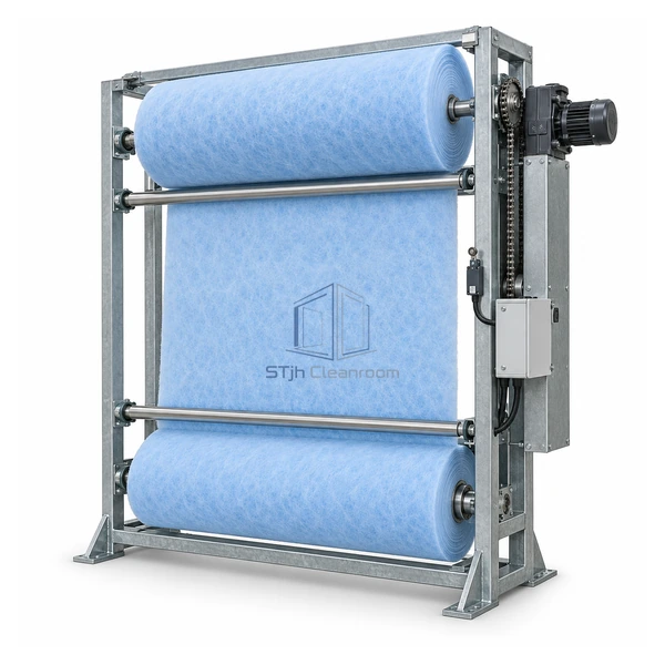 STJH-AUTOMATIC-ROLL-AIR-FILTER-SYNTHETIC65 galvanized automatic roll filter with blue synthetic media on a white background