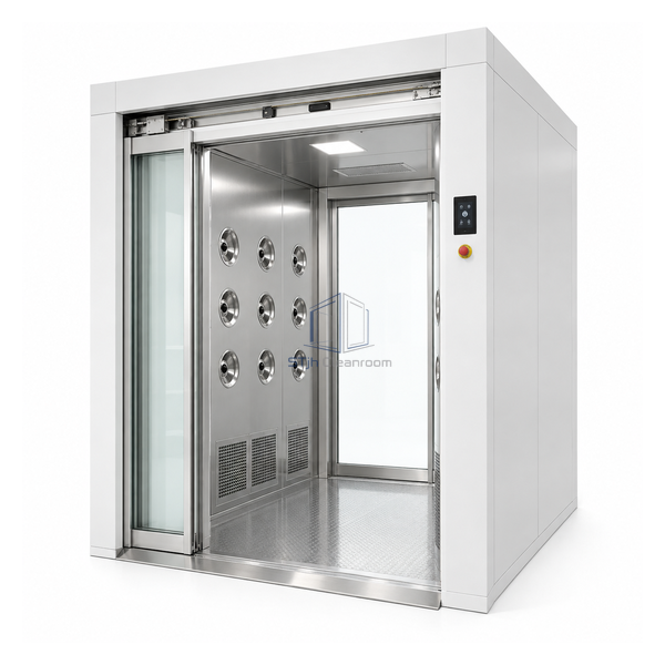 STjh compact automatic air shower with a single clear sliding entrance panel and an 800 by 1000 mm passage