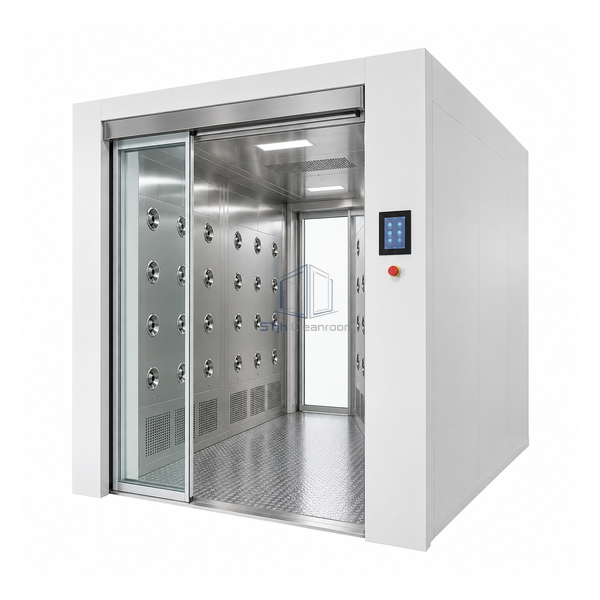 STjh automatic sliding-door air shower with an extended 1500 mm stainless-steel personnel passage