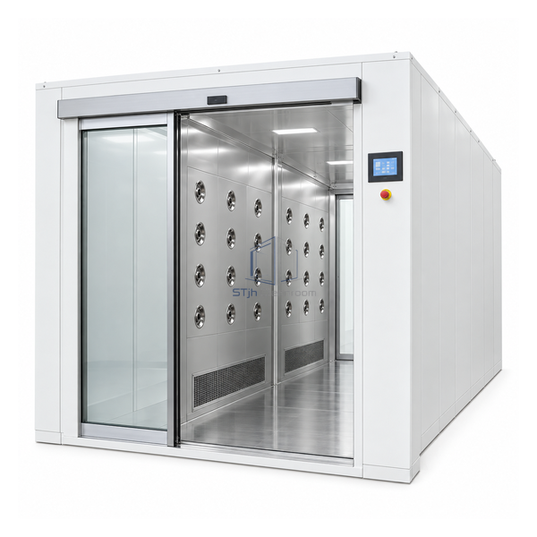 STjh two-section automatic sliding-door air shower with a 2000 mm passage and two nozzle banks
