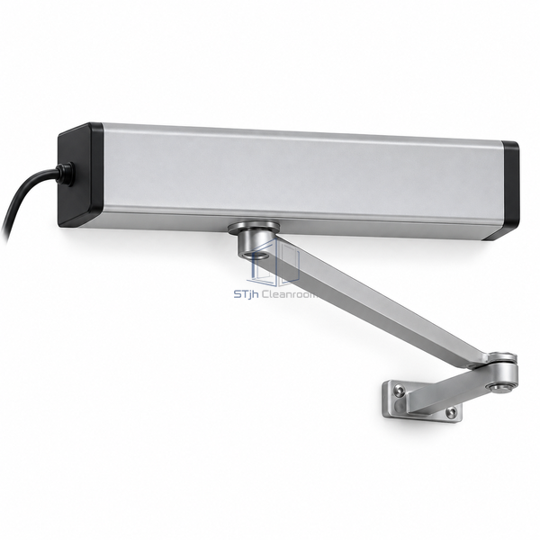 STJH compact retrofit swing operator with short housing and arm on white.