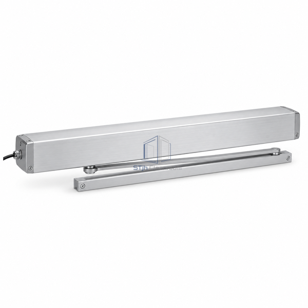 STJH slim springless swing operator with low-profile housing and guide arm on white.