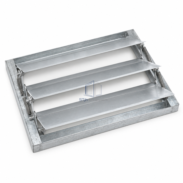 STJH-BACKDRAFT-DAMPER-HORIZONTAL-UPFLOW with lifted aluminum blades in a horizontal frame on white