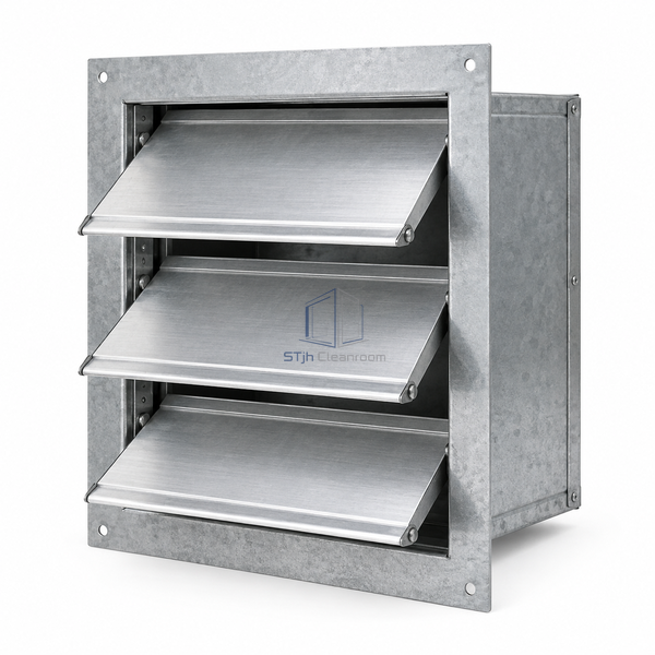 STJH-BACKDRAFT-DAMPER-VERTICAL-DISCHARGE with outlet flange and forward-opening louvers on white