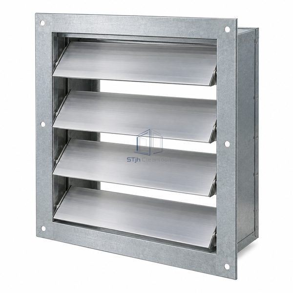 STJH-BACKDRAFT-DAMPER-VERTICAL-INTAKE with intake flange and rear-opening gravity blades, white-background main view