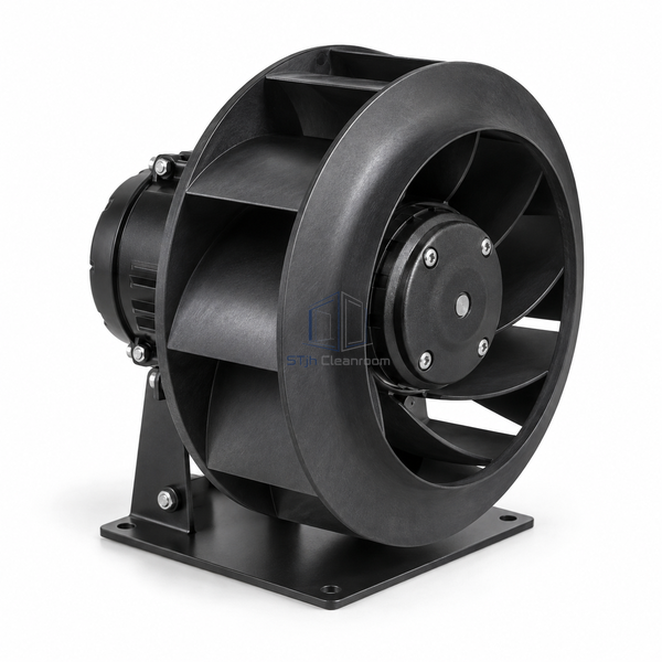 STjh 250 mm backward-curved centrifugal fan with a compact composite wheel and small motor hub on white.