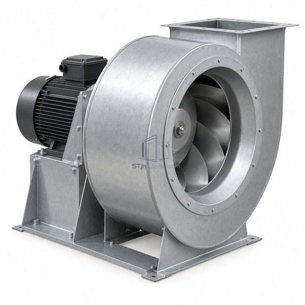 STjh 400 mm backward-curved centrifugal fan with a medium steel impeller and support plate on white.