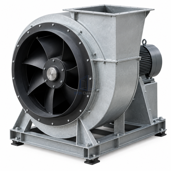 STjh 630 mm backward-curved centrifugal fan with a broad composite inlet ring and large motor hub on white.