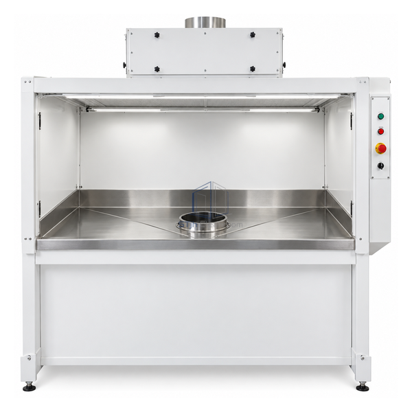 STjh HEPA bag dump station with centered source-container opening and symmetric stainless spill trough