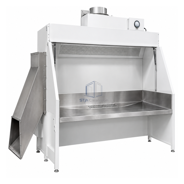 STjh negative-airflow bag dump station with left waste chute, stainless spill trough and top HEPA housing