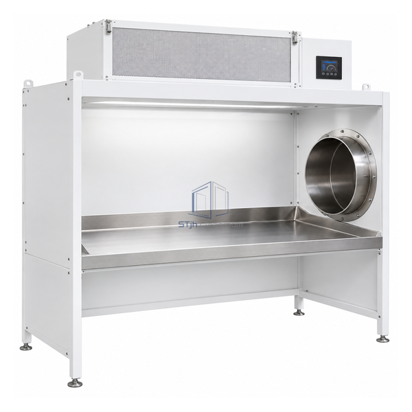 STjh HEPA bag dump station with right-side source opening, digital airflow monitor and spill trough