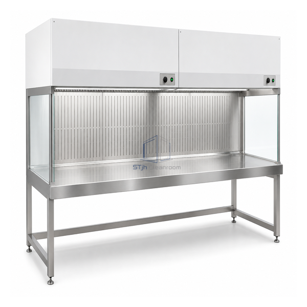 STjh wide 6 foot benchtop laminar-flow hood with two-section HEPA housing and dual-position stainless deck