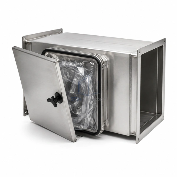 STJH-BIBO-HEPA-HOUSING-GASKET-1X1 stainless safe-change housing with folded clear bag at the side access collar