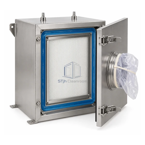 STJH-BIBO-HEPA-HOUSING-GEL-1X1 open stainless single-cell BIBO housing showing blue gel seal and folded change bag on a white background
