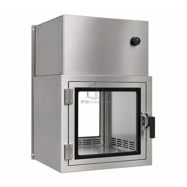 STjh 457 mm recirculating HEPA pass box with compact chamber, upper filter housing and lower return slots