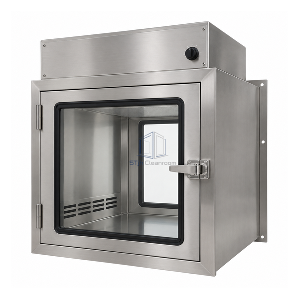 STjh 610 mm recirculating HEPA pass box showing a glazed door, wall flange and stainless interior