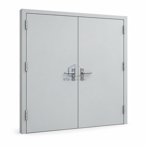 STjh double steel blast-resistant perimeter door on white with two opaque coated leaves in one welded steel frame.