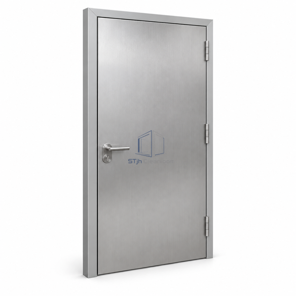 STjh stainless-clad blast-resistant service door on white with one opaque brushed-metal leaf and a welded steel frame.