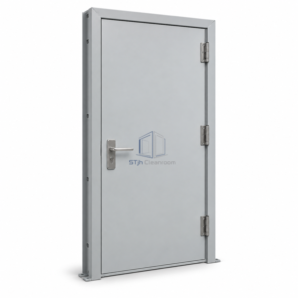STjh single steel blast-resistant service door on white with an opaque coated leaf and welded-corner steel frame.