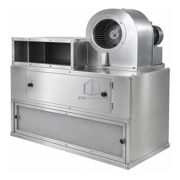 STjh 680 by 835 mm blower-filter unit with elongated stainless plenum and top sirocco blower