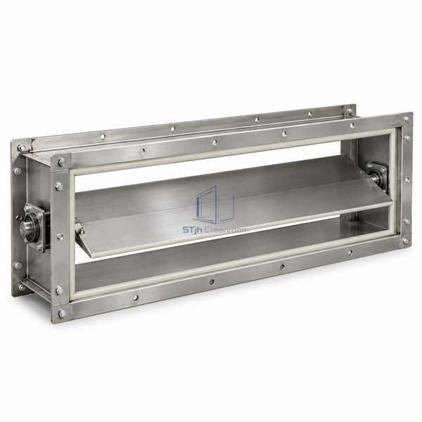 STJH-BUBBLE-TIGHT-ISOLATION-DAMPER-1219X406 wide rectangular blade isolation assembly on white