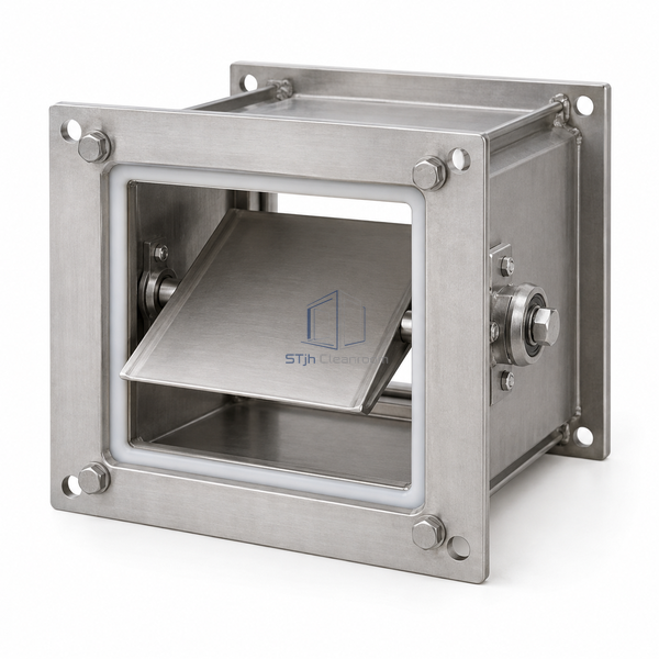 STJH-BUBBLE-TIGHT-ISOLATION-DAMPER-152X152 with square double-skin blade and flanged body on white