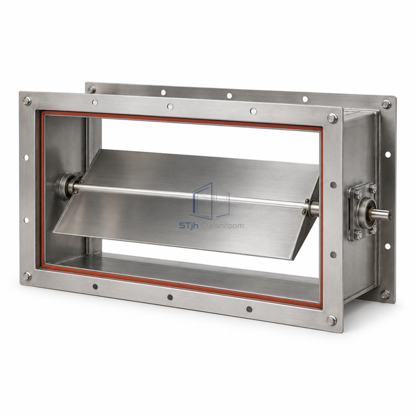STJH-BUBBLE-TIGHT-ISOLATION-DAMPER-610X305 with rectangular central blade and long flanges on white