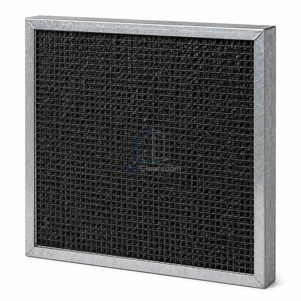 STJH-CARBON-PANEL-FILTER-600X600X50-HF square loose-fill carbon panel behind a metal retaining grid