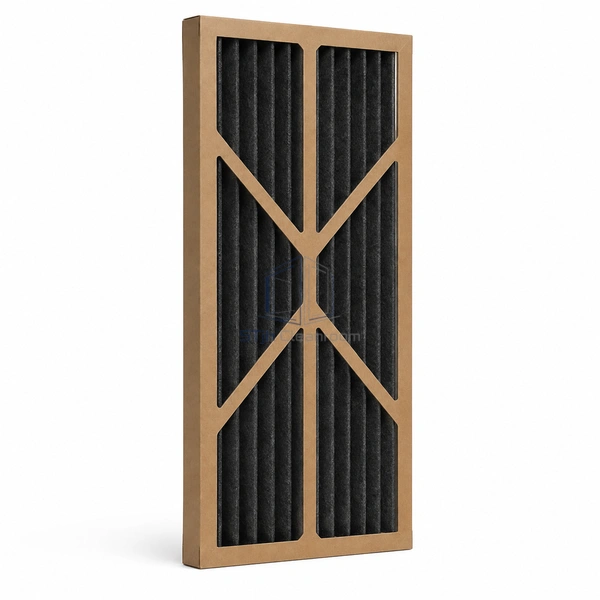 STJH-CARBON-PLEATED-PREFILTER-594X289X44 tall carbon pleated panel with kraft frame and support lattice on white