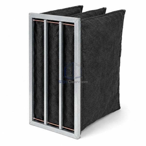 STJH-CARBON-POCKET-FILTER-594X289X300 three dark carbon-media pockets in a narrow metal header on white