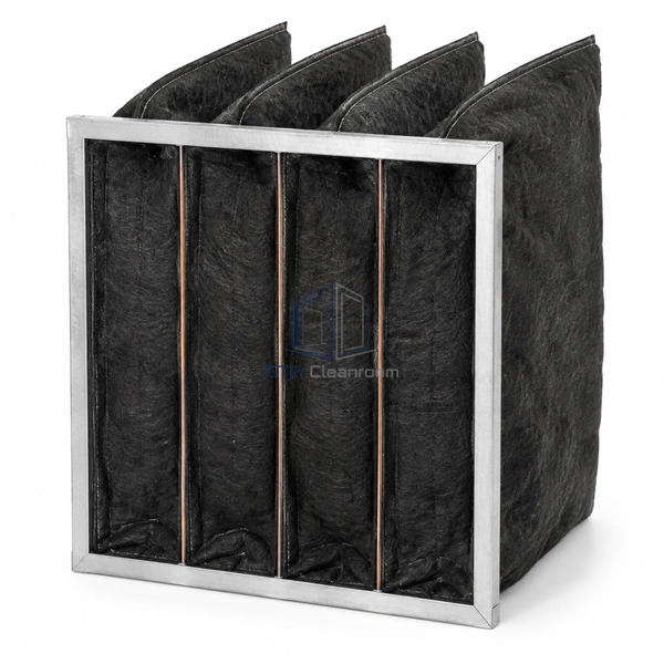 STJH-CARBON-POCKET-FILTER-594X492X300 four carbon-coated filter pockets with metal header on white