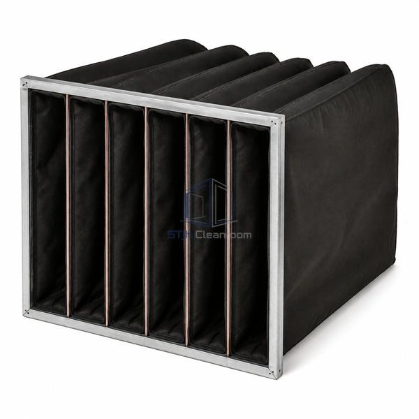 STJH-CARBON-POCKET-FILTER-594X594X500 six long dark carbon filter pockets in a square header on white