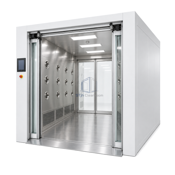 STjh cargo air shower with automatic sliding glass doors retracted into side pockets beneath an exposed overhead track
