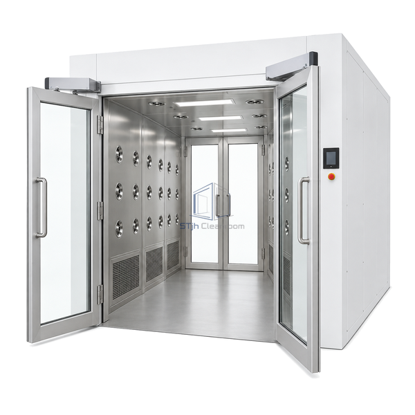 STjh extra-wide cargo air shower with outward-opening automatic glazed swing doors and a deep stainless-steel chamber