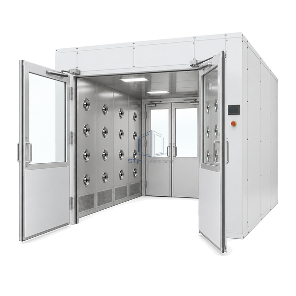 STjh 90-inch-wide floorless cargo air shower with twin hinged doors, glazed upper panels and solid lower kick plates