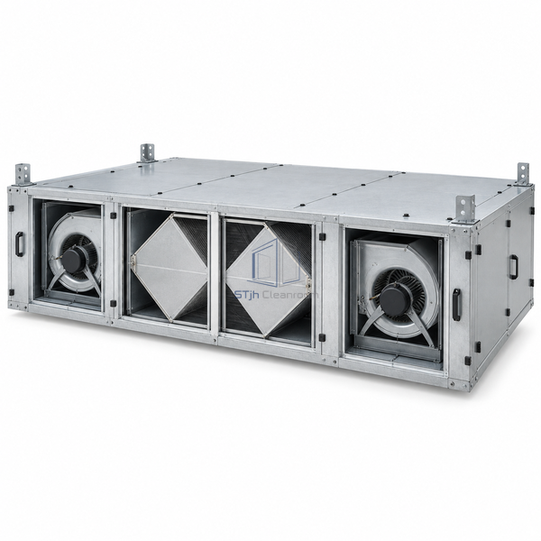 STjh 1500 m3/h ceiling-mounted air handling unit with twin heat-exchanger compartments and a wide flat casing on white.