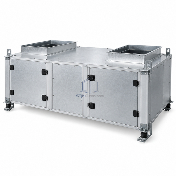 STjh 3000 m3/h ceiling-mounted air handling unit with a large flat cabinet and reinforced suspension hardware on white.