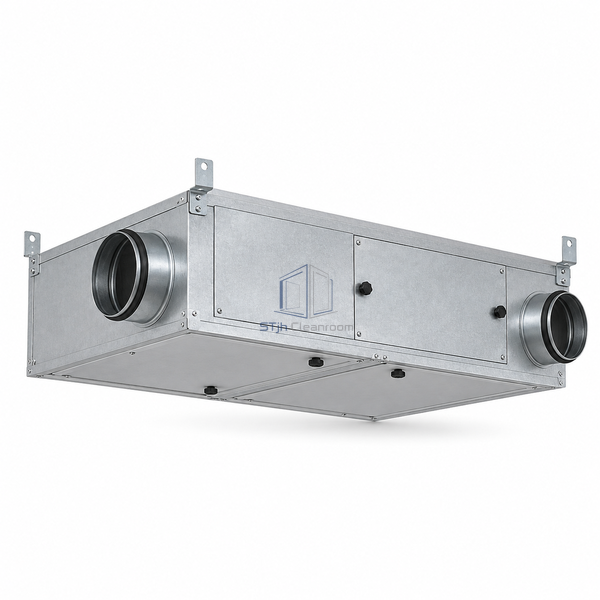 STjh 400 m3/h ceiling-mounted air handling unit with a compact flat cabinet and suspension brackets on white.