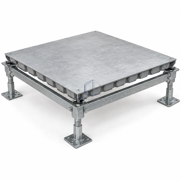 STJH 2500 lb cement-filled steel access-floor panel with complete welded shell and standard bolted-stringer supports on white