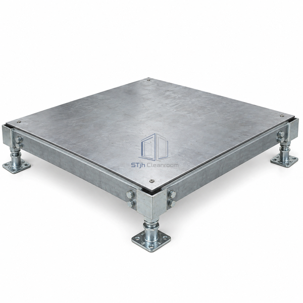 STJH 3000 lb cement-filled steel access-floor panel shown complete with visibly deep bolted stringers beneath on white