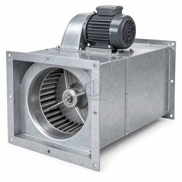 STjh 1455 CFM centrifugal exhaust fan unit with an elongated square casing and aluminum impeller on white.