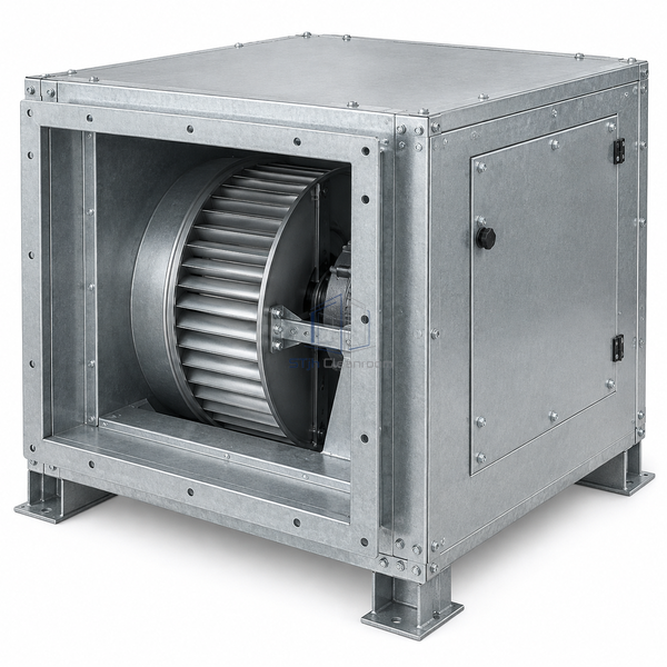 STjh 3322 CFM centrifugal cleanroom exhaust fan unit with a large deep casing and broad inlet flange on white.