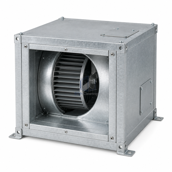 STjh 821 CFM centrifugal cleanroom exhaust fan unit with a compact square inline casing on white.