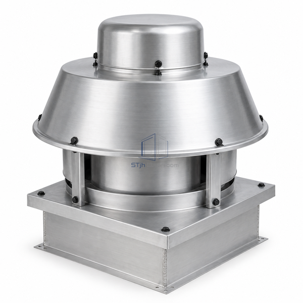 STjh 1049 CFM centrifugal roof exhaust fan with a compact aluminum upblast hood and square curb cap on white.