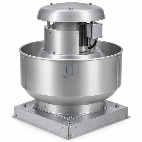 STjh 2037 CFM centrifugal roof exhaust fan with an enlarged upper wheel housing and motor section on white.