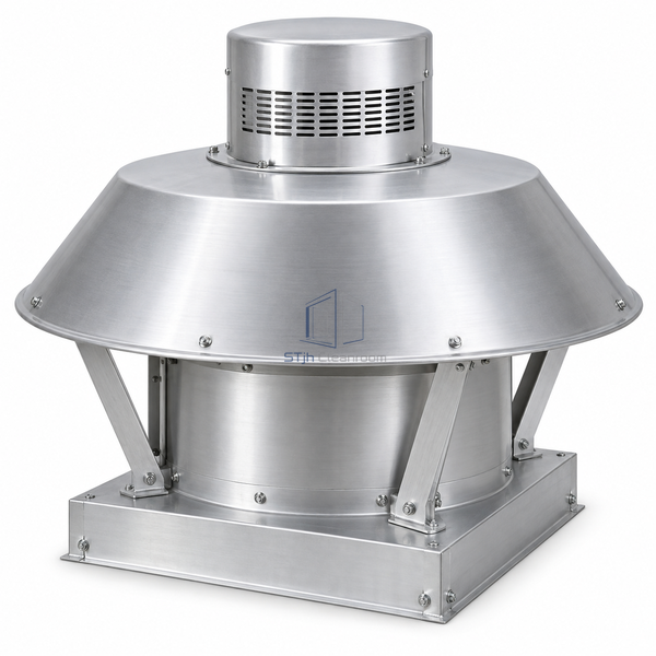 STjh 2808 CFM centrifugal roof exhaust fan with a large upblast hood and wider curb cap on white.