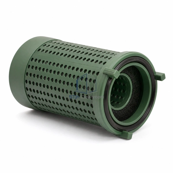 STJH-CHEMICAL-FILTER-CARTRIDGE-148X240 short green perforated chemical filter cartridge on a white background