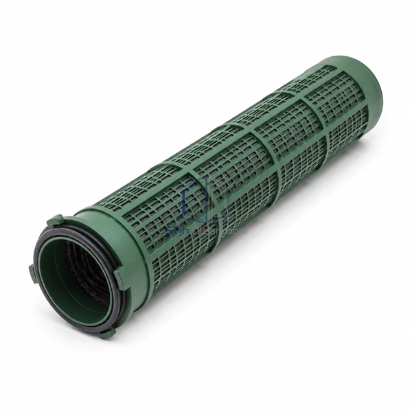 STJH-CHEMICAL-FILTER-CARTRIDGE-148X452 medium green perforated chemical filter cartridge on a white background